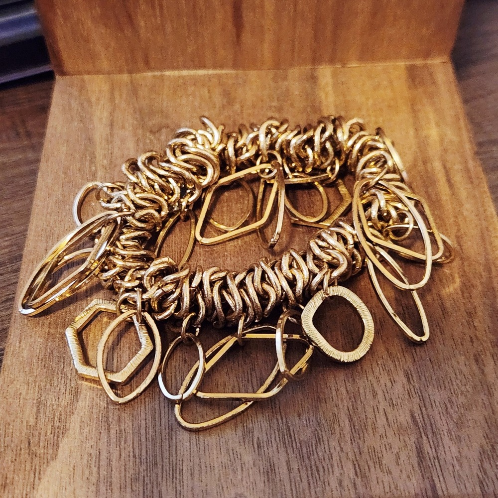 Gold Tone Geometric Charm Coil Statement Bracelet Rhinestone Hexagon Oval Circle